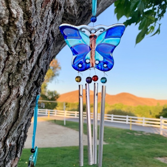 Retro Glass Blue Butterfly Wind Chime Sun Cat… - Picture 4 of 11